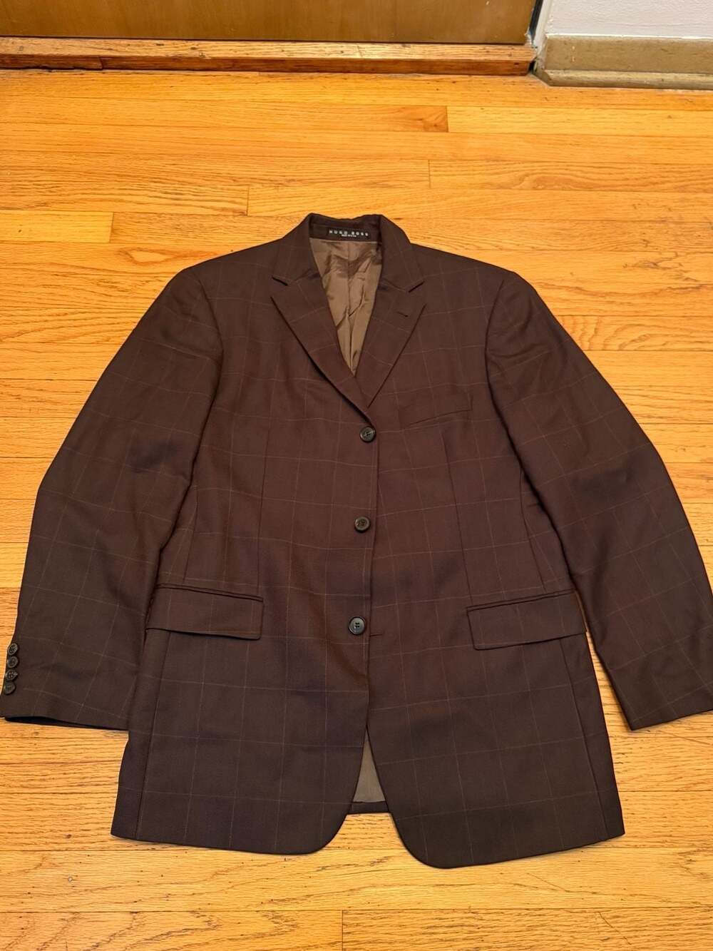 Hugo Boss Rossellini Mens 42R Blazer Brown Windowpane 100% Virgin Wool USA